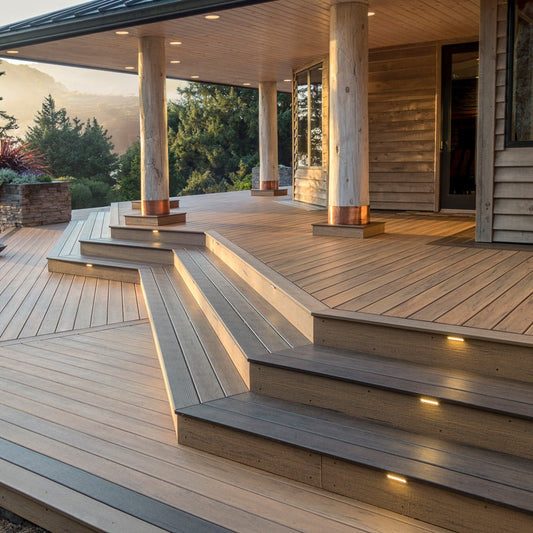 Multi-level composite deck with LED stair lighting