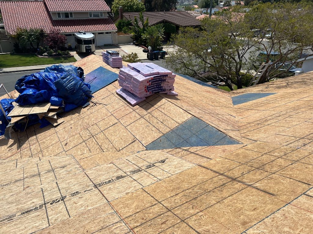 Roof installation in progress on a California home