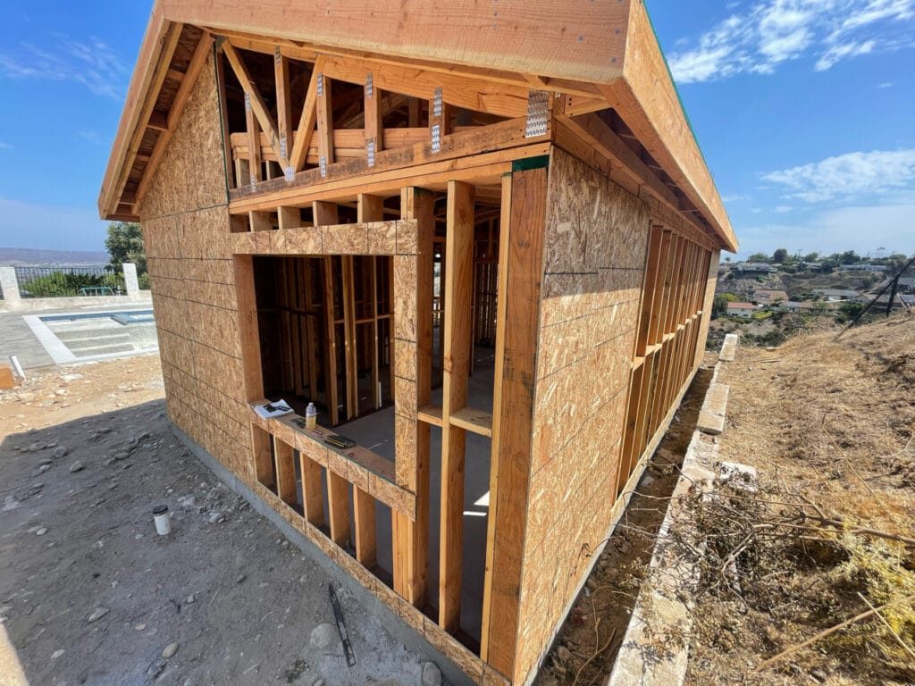 Wood framing phase of a new accessory dwelling unit construction
