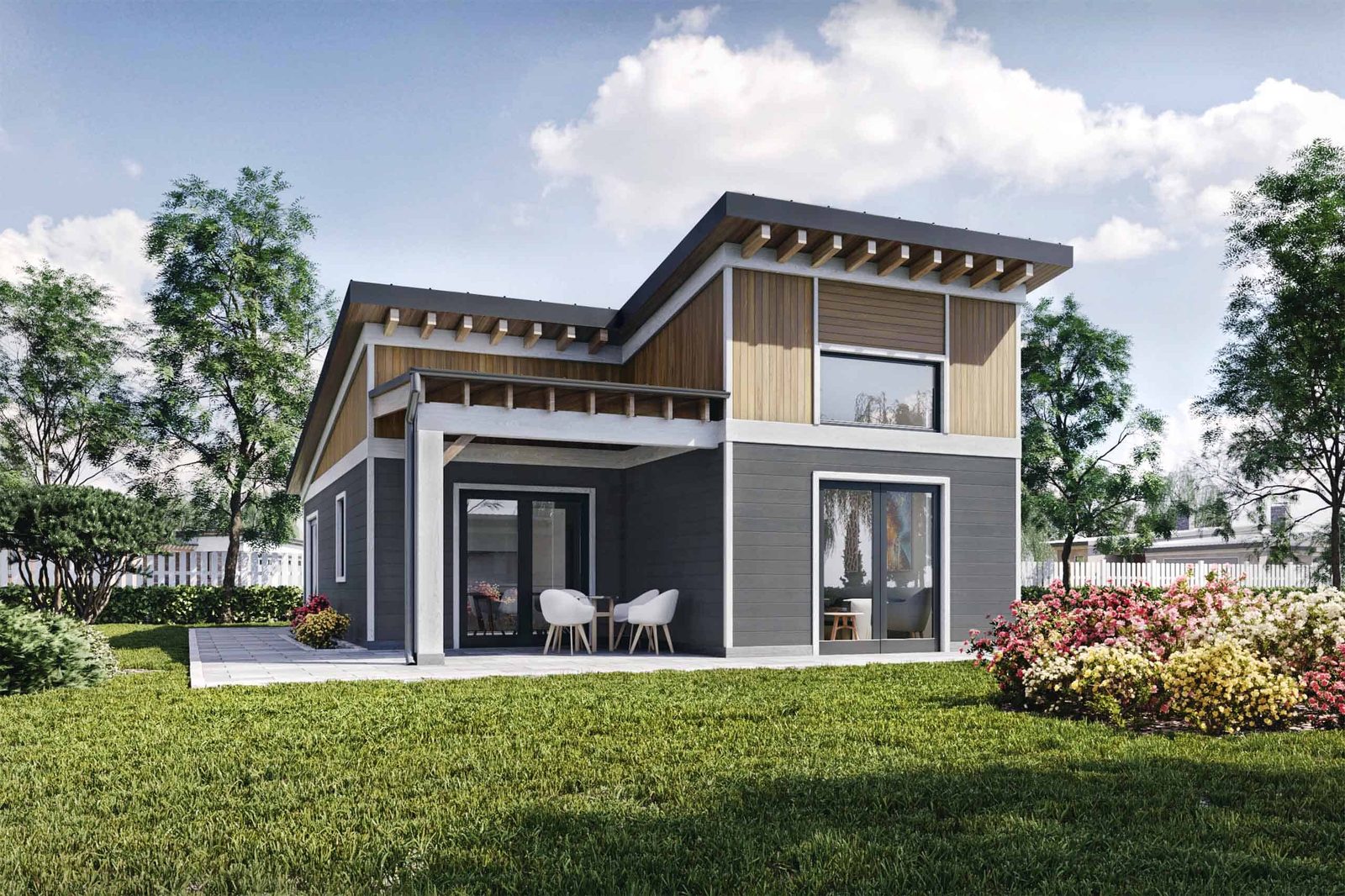 Contemporary guest house ADU with dark exterior finish and large windows