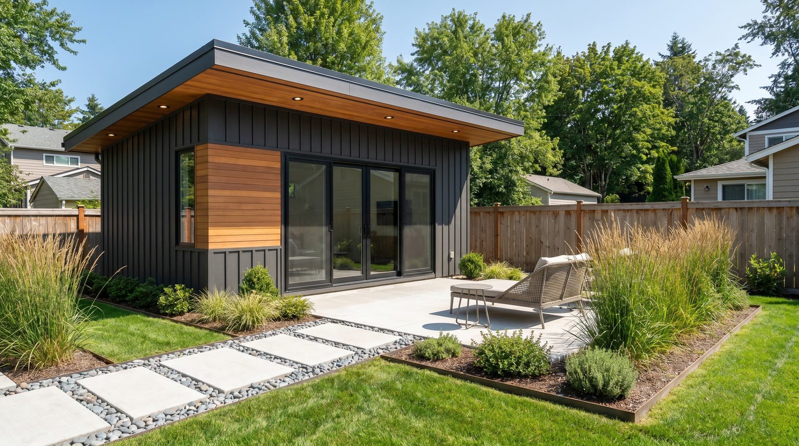 Finished exterior of a modern ADU with dark siding and concrete patio