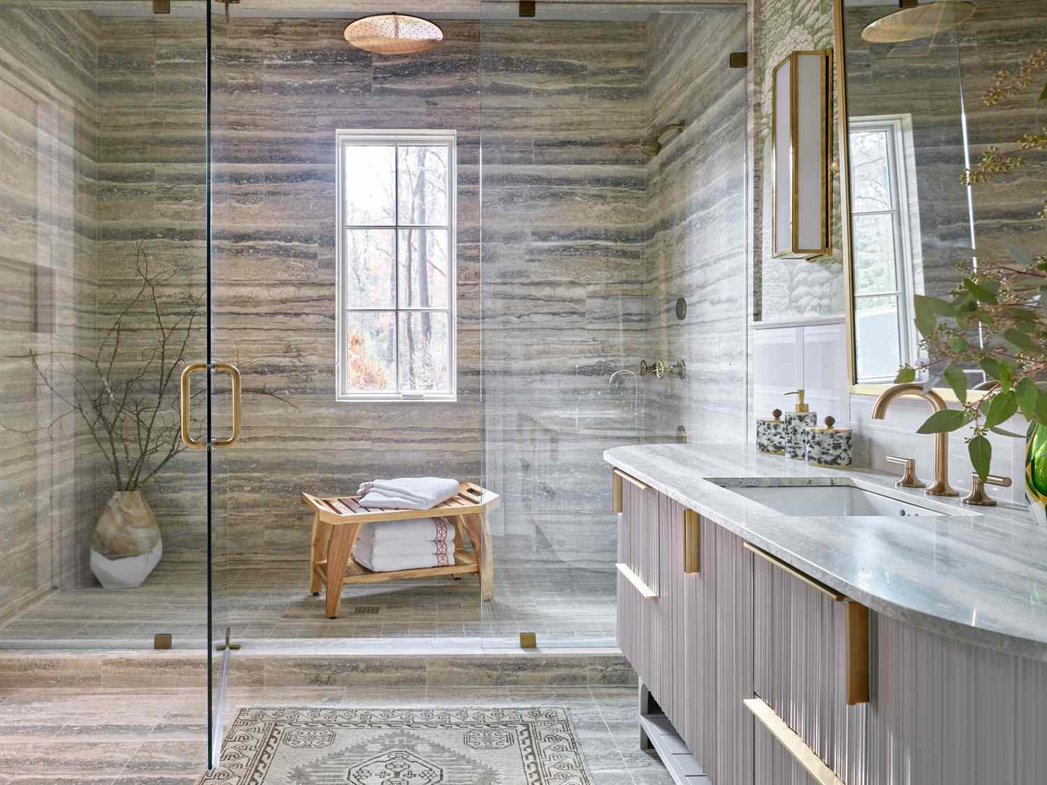 Bathroom remodeling with a large walk-in shower and custom tile work