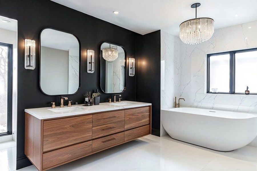 Master bathroom renovation with a freestanding tub and dark wood vanity
