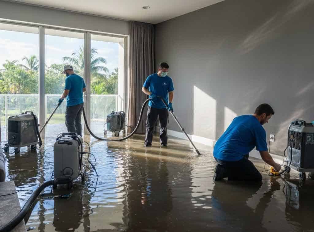 Professional emergency water damage restoration team extracting water from a flooded room