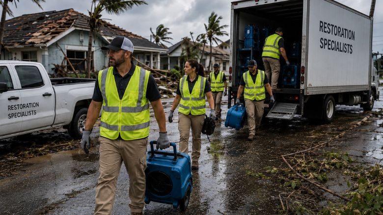 Emergency home restoration crew arriving at a property with equipment after a storm