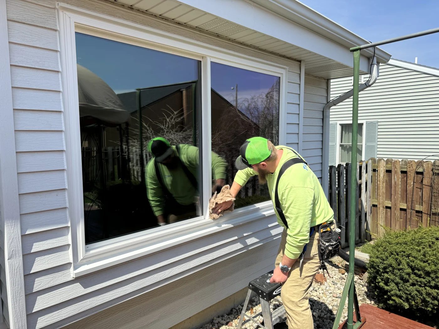 Contractors installing new energy-efficient windows on a residential home