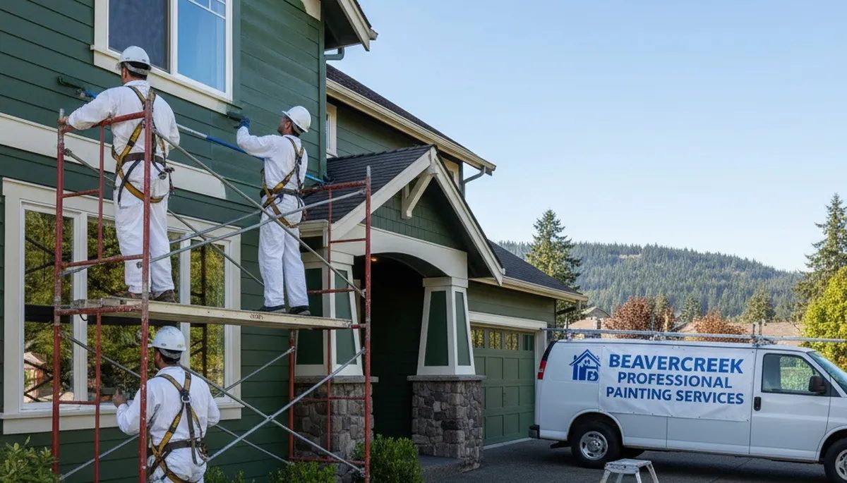 Painting crew on scaffolding working on a residential exterior painting project