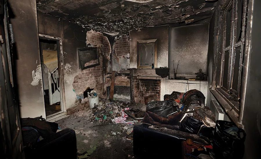 Fire damage restoration process showing charred walls and structural damage in a home
