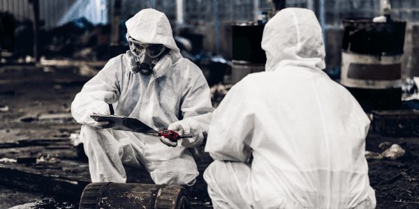 Restoration technicians in protective gear assessing fire damage outside an industrial facility