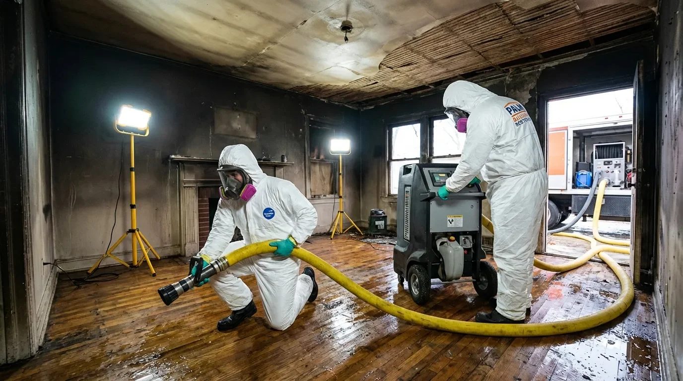Professional fire damage restoration worker inspecting a severely burned interior space