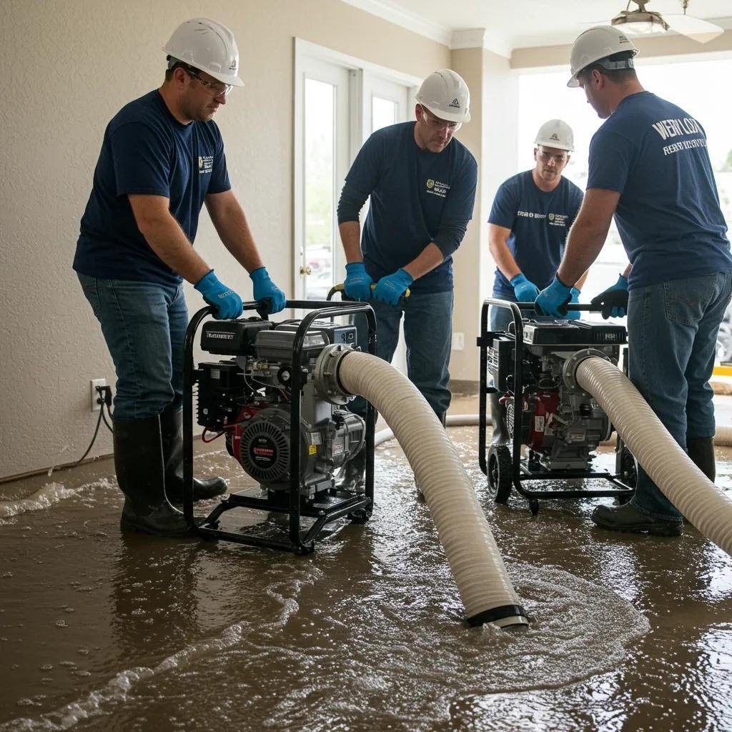 Technicians extracting water from a flooded floor during water damage restoration