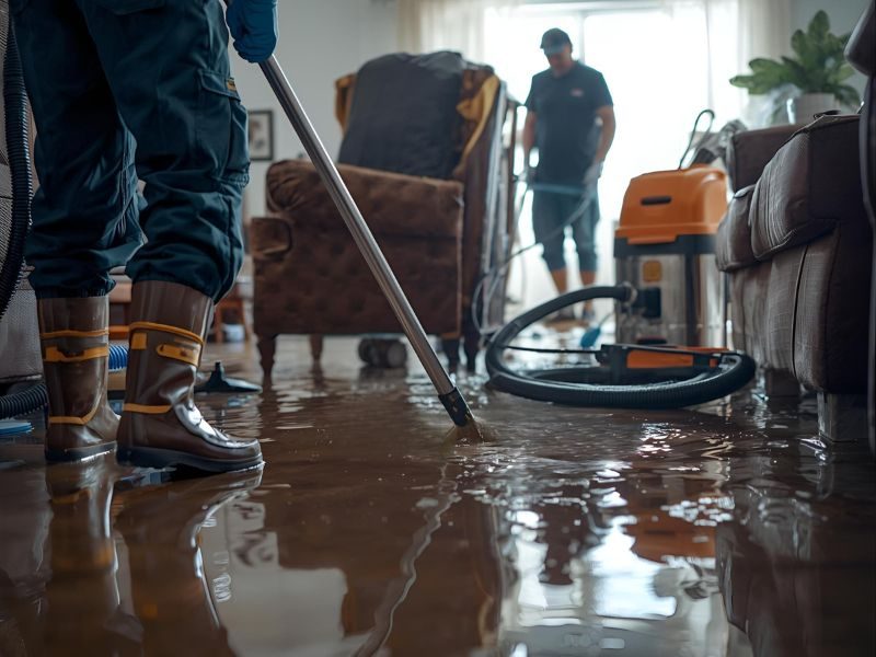 Technician extracting water from a flooded floor using professional equipment