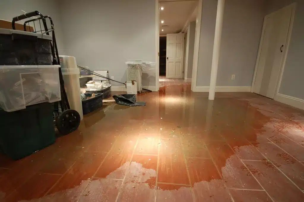 Flooded basement with standing water needing flood and water restoration services