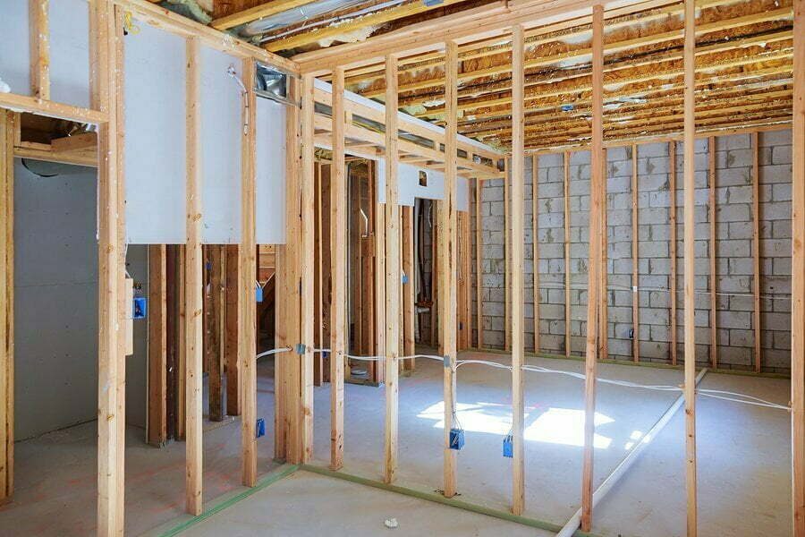 Kitchen stripped down to studs during early stages of general remodeling