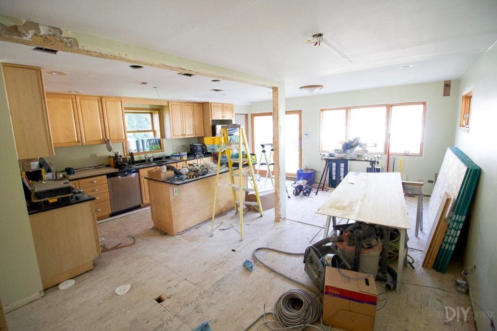 Exposed wood framing for interior walls in a residential general remodeling project