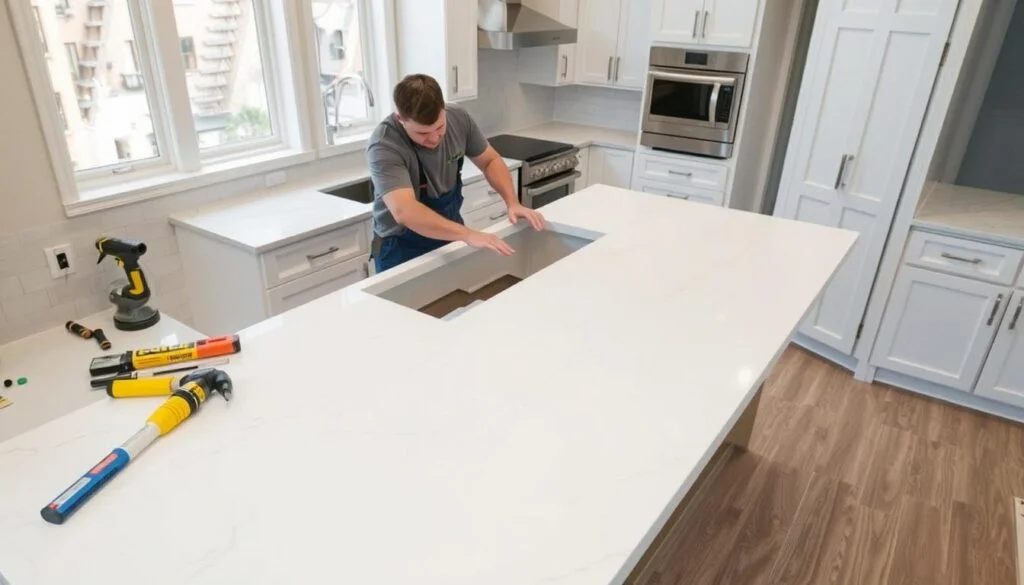 Kitchen remodeling contractor installing a new island with quartz countertops