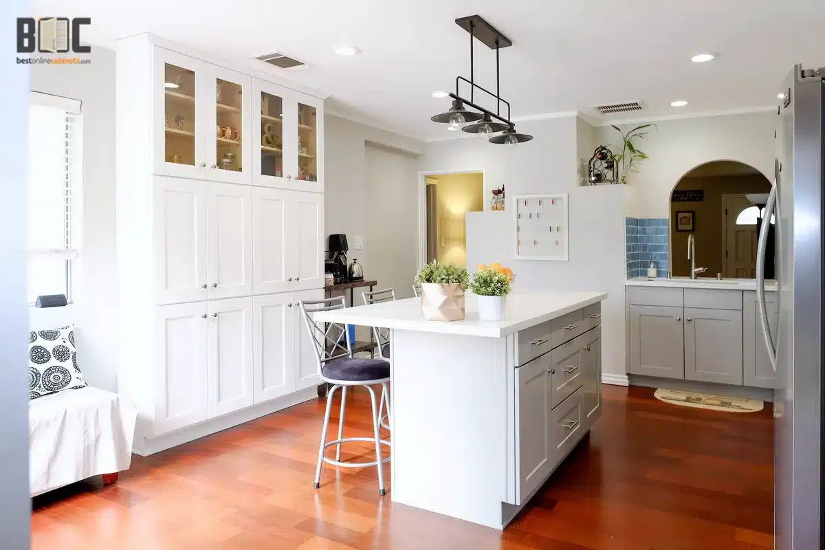 Styled white shaker kitchen island in a newly renovated home