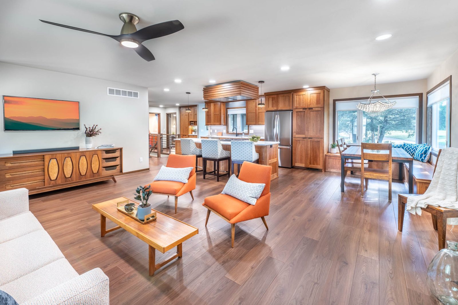 Fully renovated modern open concept living room and kitchen after a whole-home renovation